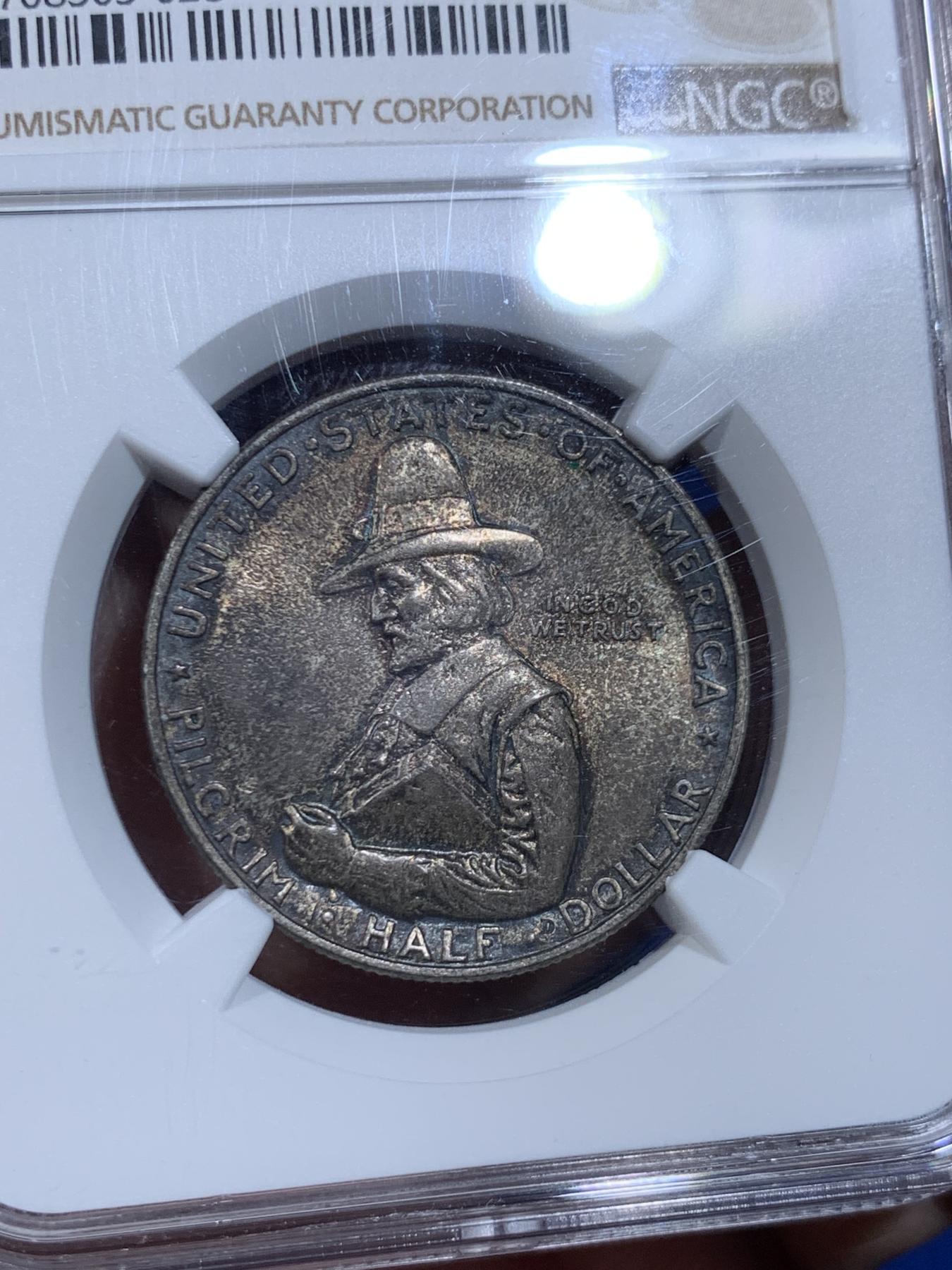 《竞宝斋》立夏专场特拍 （第2-1场）全场顺丰包邮 265场 NGC MS64 美国1920年清教徒移民半美元纪念银币 经典设计 背面五月花号呼之欲出 酱彩包浆 味道很好