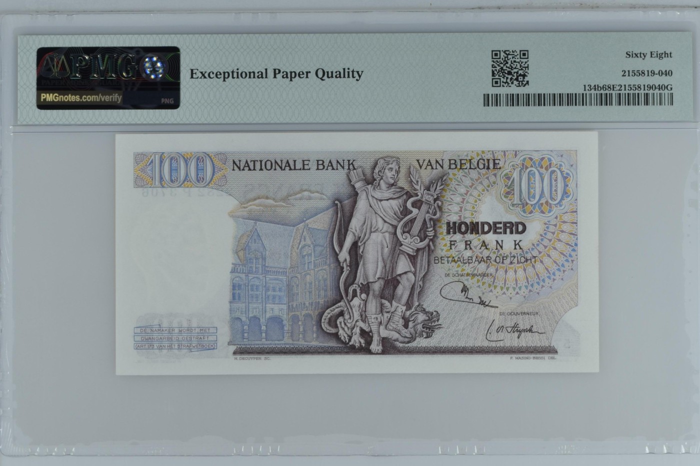 收藏联盟Quantum Auction 第342期拍卖  比利时1962-77年100法郎 PMG68  冠军分 号码全程无4 