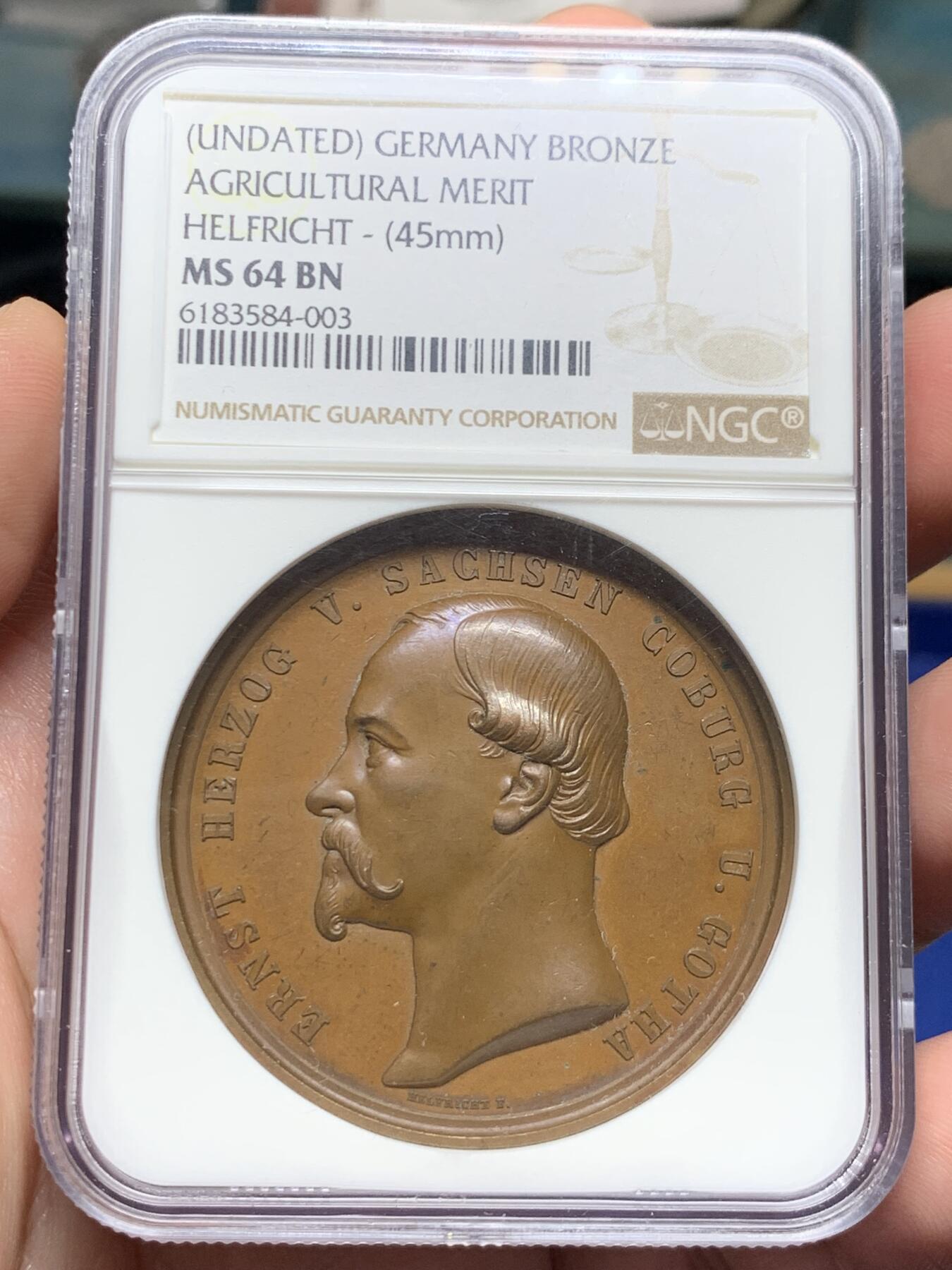 《竞宝斋》立夏专场特拍 （第2-1场）全场顺丰包邮 265场 NGC MS64BN 德国萨克森-科堡-哥达1872年农业大铜章 加厚盒子 细节及其丰富 人物高浮雕