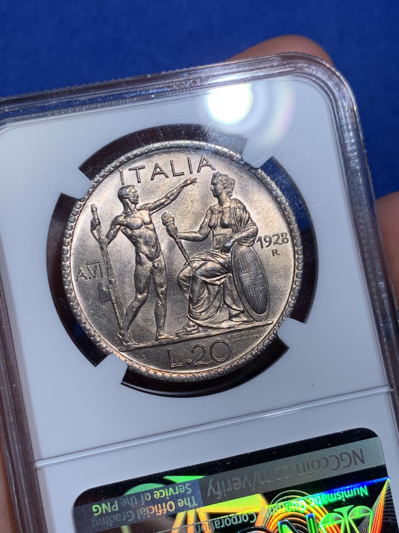 《竞宝斋》立夏专场特拍 （第2-1场）全场顺丰包邮 265场 NGC MS63 意大利1928年裸男20里拉银币 经典造型 稀少年份