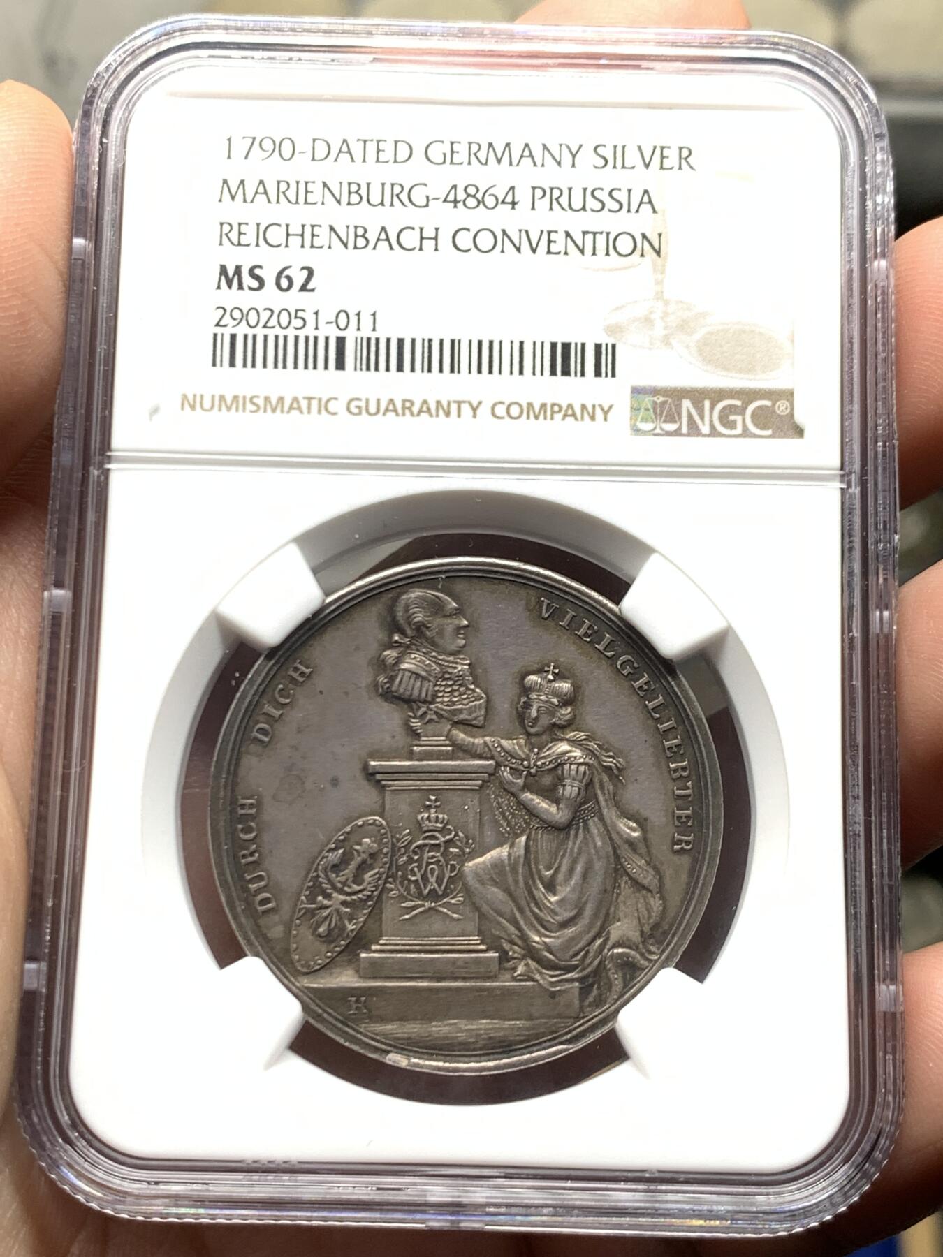《竞宝斋》立夏专场特拍 （第2-1场）全场顺丰包邮 265场 NGC MS62 德国 1790 勃兰登堡-普鲁士 威廉二世 《赖兴巴赫公约》纪念银章 丰富的细节 值得入手