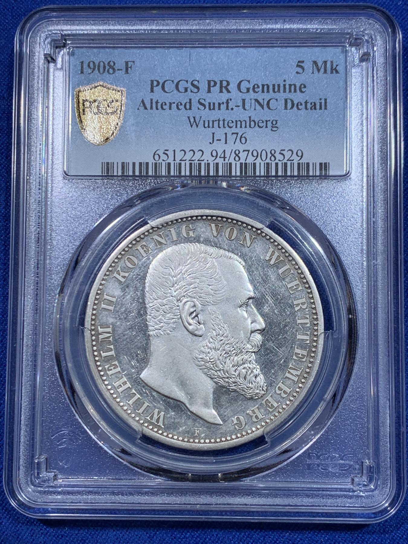 《竞宝斋》立夏专场特拍 （第2-1场）全场顺丰包邮 265场 PCGS PR 德国1908F符腾堡精制5马克银币 镜面效果还行 流通5马克精制十分稀少 这枚也就几百枚的量 sbp62分成交1140刀