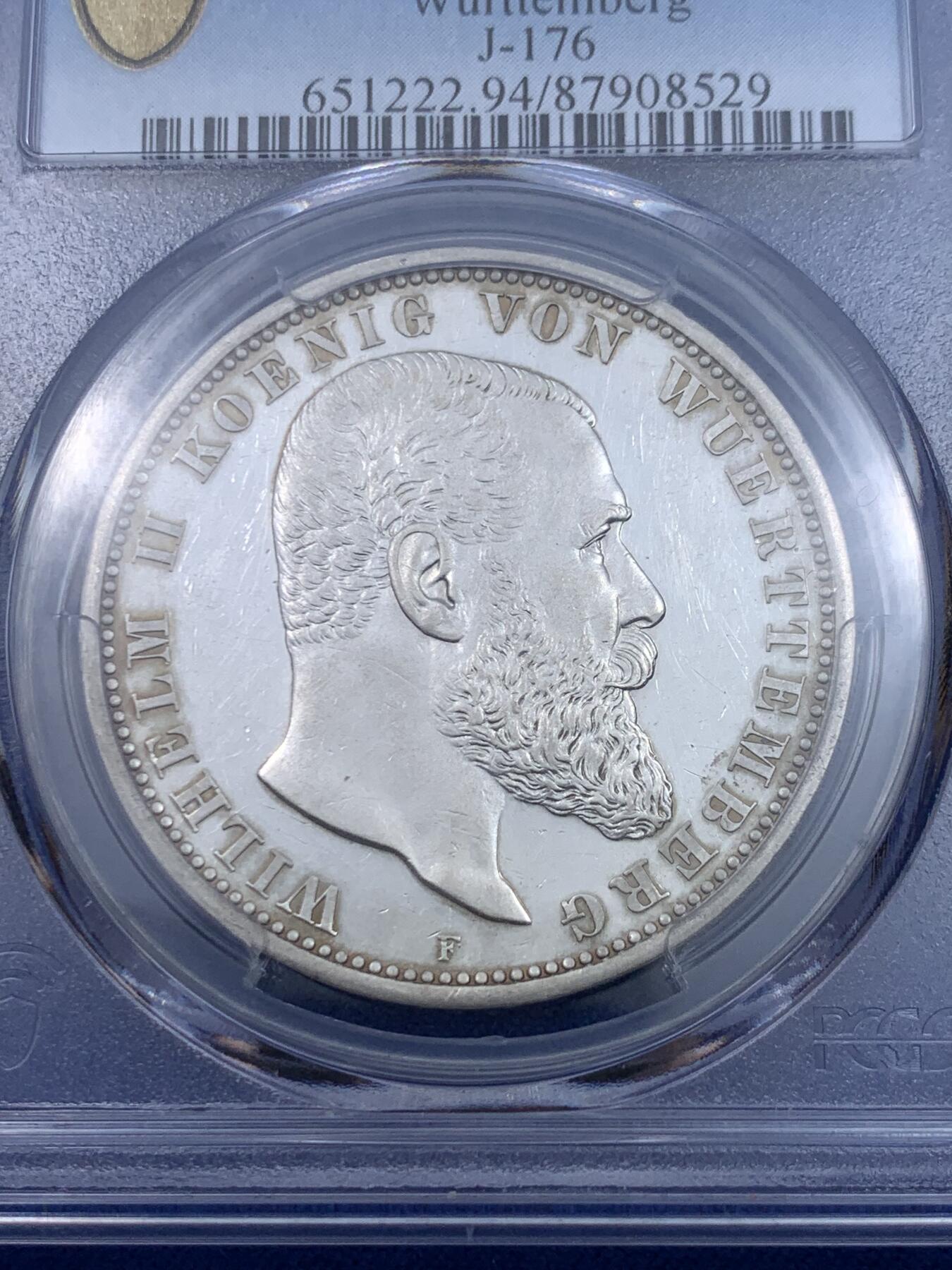 《竞宝斋》立夏专场特拍 （第2-1场）全场顺丰包邮 265场 PCGS PR 德国1908F符腾堡精制5马克银币 镜面效果还行 流通5马克精制十分稀少 这枚也就几百枚的量 sbp62分成交1140刀