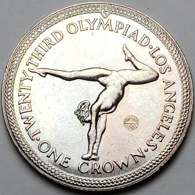 布加迪🐬～世界钱币🌾第 109期 /  马恩岛等国克朗币及各国散币 - 马恩岛 1984年 1克朗 洛杉矶奥运会克朗型纪念币～体操