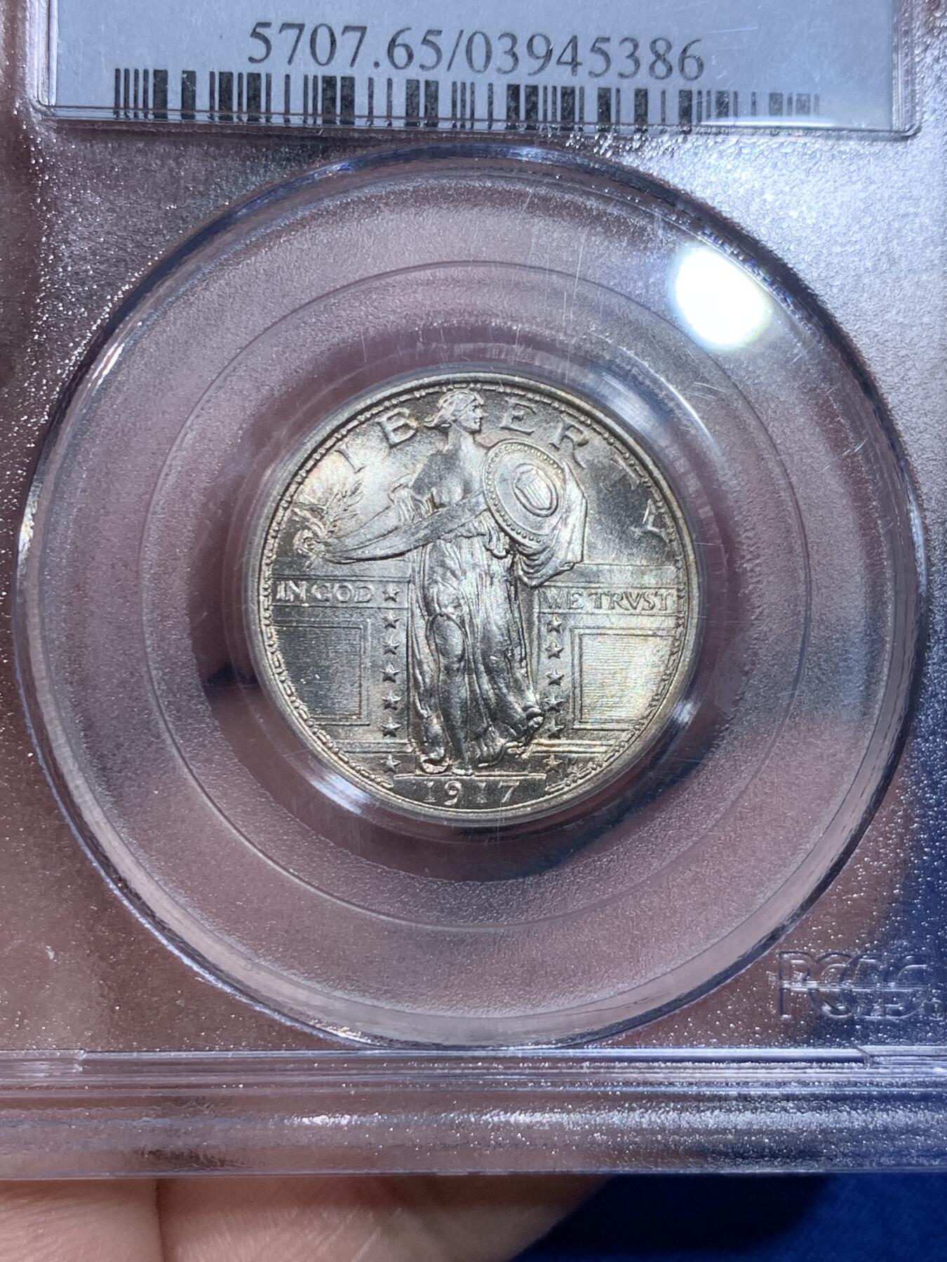 《竞宝斋》立夏专场特拍 （第2-1场）全场顺丰包邮 265场 PCGS MS65FH 1917年 美国 站人飞鹰 25美分 第一版无胸甲版 高分+FH尾缀+第一版+老白盒 很经典的设计 收藏级