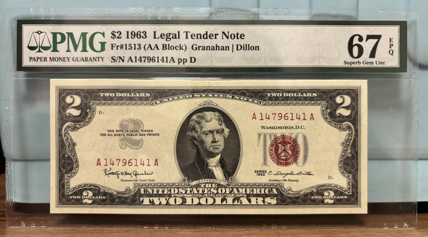 Chase Auction 第29期 - - 邮票、银币、外钞、民国钞和人民币混合场！（持续更新中） 1963年正版 2美元 政府券 红色冠号和库印 AA冠首发 PMG严格评级 老壳高分67EPQ