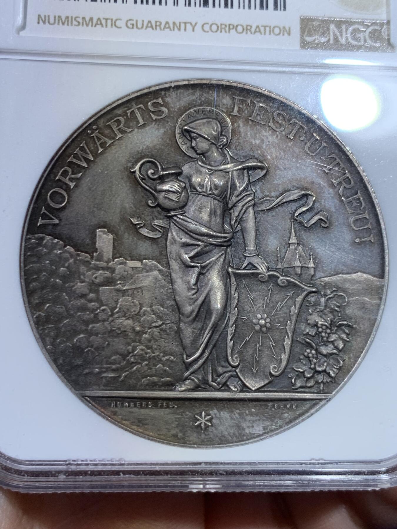 《竞宝斋》立夏专场特拍 （第2-1场）全场顺丰包邮 265场 NGC MS64 瑞士1896阿尔高巴登射击节大银章 亚军分 完美黑彩包浆 分量足十分压手