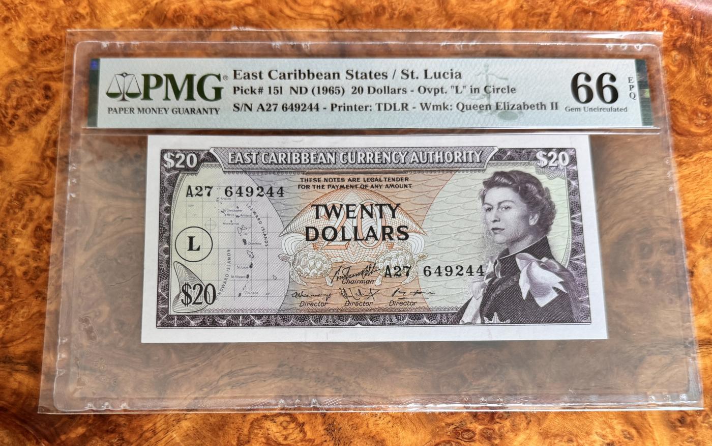 Chase Auction 第29期 - - 邮票、银币、外钞、民国钞和人民币混合场！（持续更新中） 1965年东加勒比20元，PMG66！