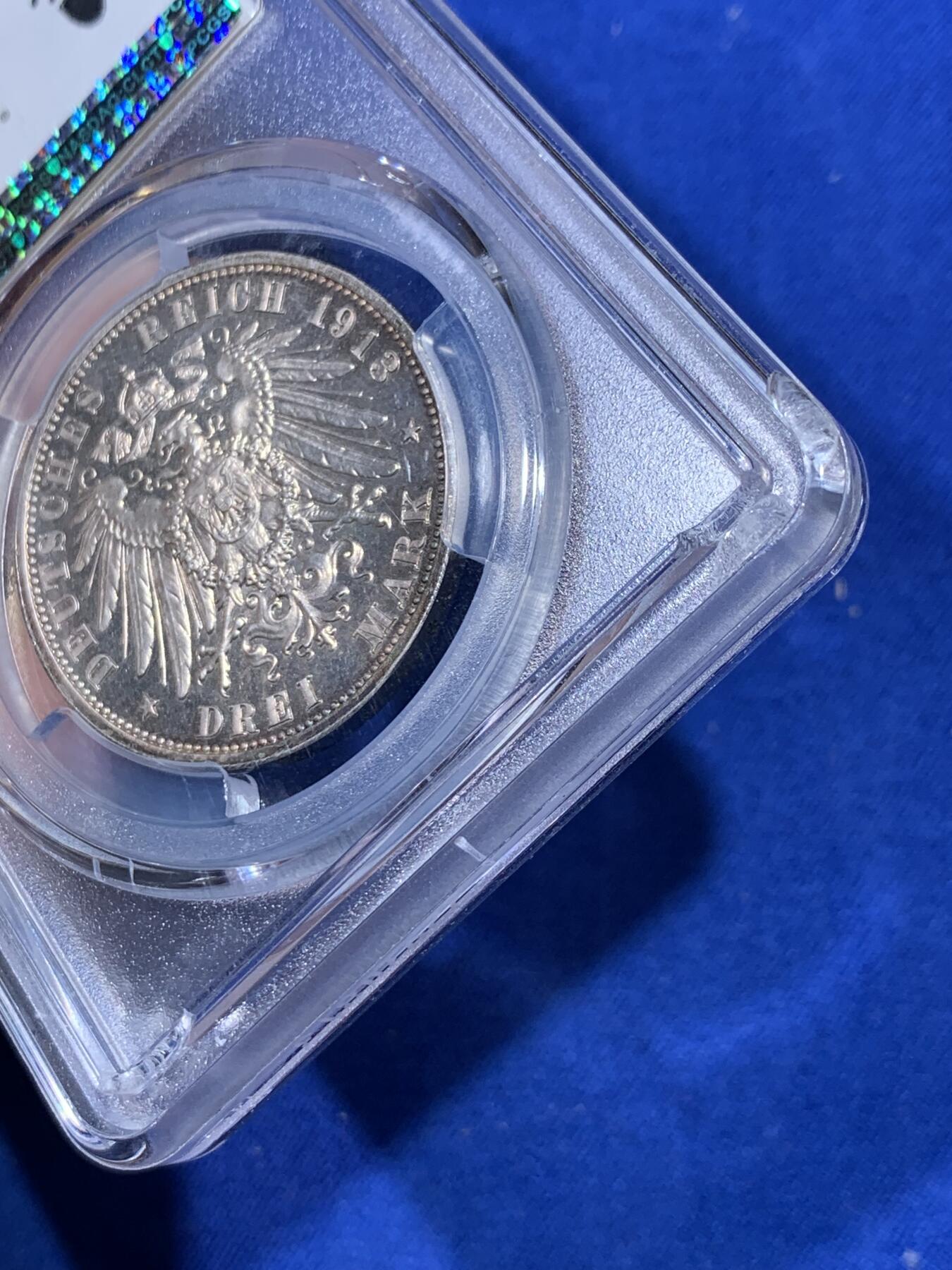 《竞宝斋》立夏专场特拍 （第2-1场）全场顺丰包邮 265场 PCGS PR63CAM 德国1913E萨克森建功碑3马克银币 评cameo的基本都是白币 重五彩加cameo太难得了