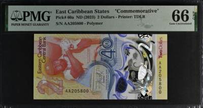 现货拍卖，2023年东加勒比2元AA首冠，纪念钞，评级币，豹子号，雷达号等趣味号码专场 - 2023年东加勒比2元央行成立四十周年塑料纪念钞，AA首冠+无47+PMG 66分