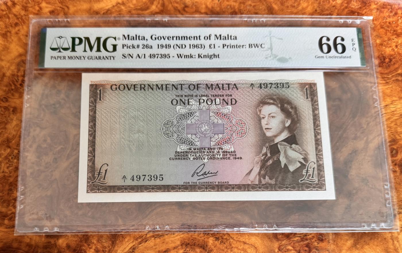 Chase Auction 第29期 - - 邮票、银币、外钞、民国钞和人民币混合场！（持续更新中） 1949年马耳他1镑，PMG66！