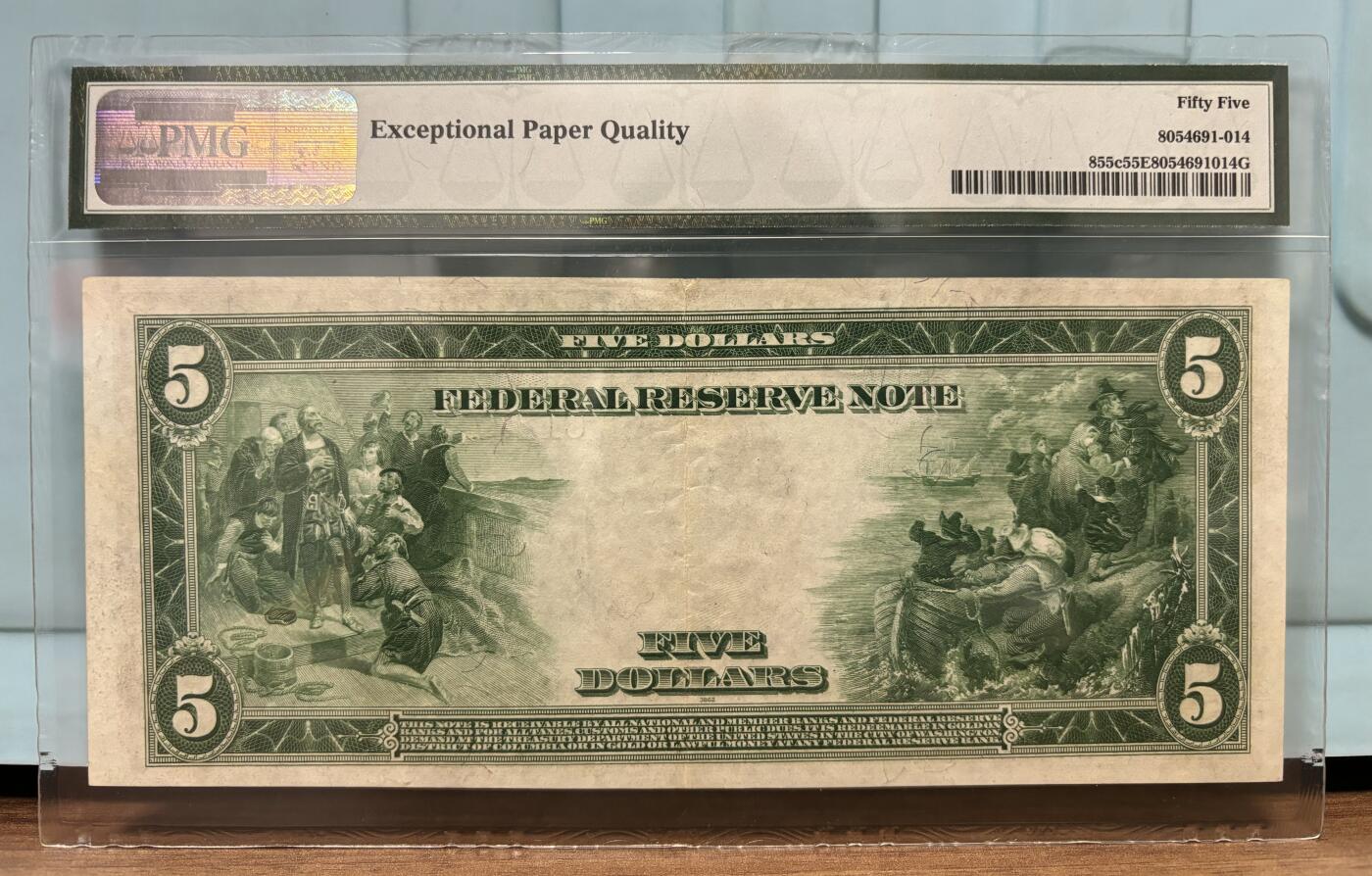Chase Auction 第29期 - - 邮票、银币、外钞、民国钞和人民币混合场！（持续更新中） 1914年 5美元 大尺寸时代 联邦储备券 PMG严格评级 老壳55EPQ 费城分区（稀缺分区）号码无4