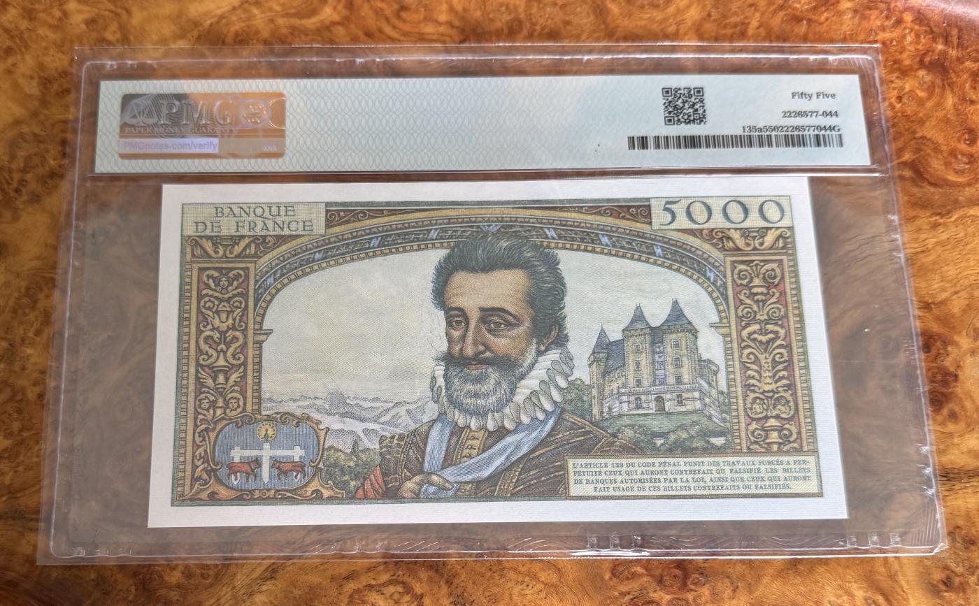 Chase Auction 第29期 - - 邮票、银币、外钞、民国钞和人民币混合场！（持续更新中） 1957年法国5000法郎，PMG55，亨利四世！