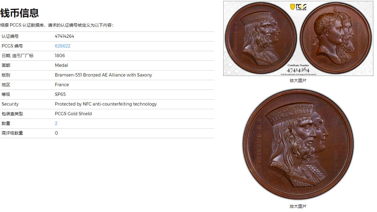 《竞宝斋》立夏专场特拍 （第2-1场）全场顺丰包邮 265场 PCGS SP65 冠军分 法国1806年拿破仑一世结盟萨克森原铸铜章  正面拿破仑和查理曼大帝的并肩半身像 背面萨克森圣人维杜金德和带领神罗走向顶峰红胡子腓特烈一世 暗喻拿破仑要做查理曼大帝的继承人 是罗马正统 全欧洲的皇帝