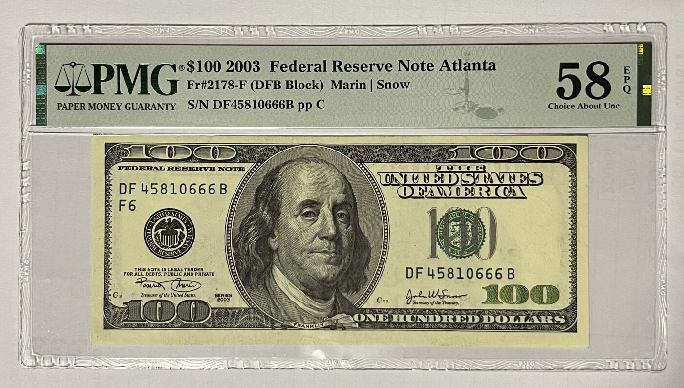 Chase Auction 第29期 - - 邮票、银币、外钞、民国钞和人民币混合场！（持续更新中） 2003年 大头版 100美元 联邦储备券 豹子尾666 PMG严格评级 58EPQ