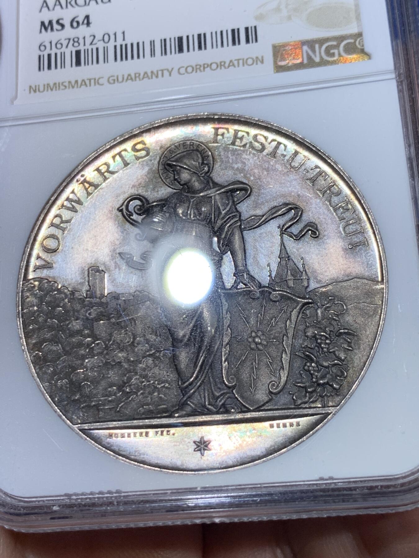 《竞宝斋》立夏专场特拍 （第2-1场）全场顺丰包邮 265场 NGC MS64 瑞士1896阿尔高巴登射击节大银章 亚军分 完美黑彩包浆 分量足十分压手