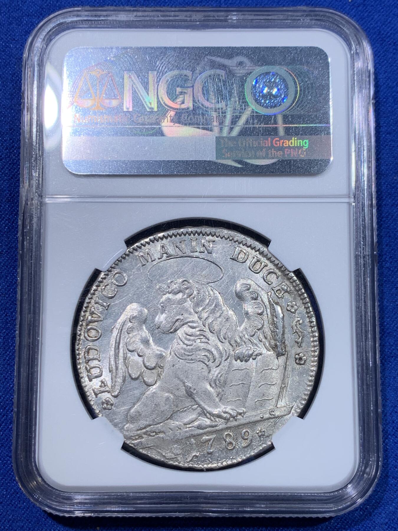 《竞宝斋》立夏专场特拍 （第2-1场）全场顺丰包邮 265场 冠军分 NGC MS62 意大利 威尼斯 1789年 泰勒 威尼斯飞狮纪念大银币 背部狮子浮雕生动 造型古朴雅致