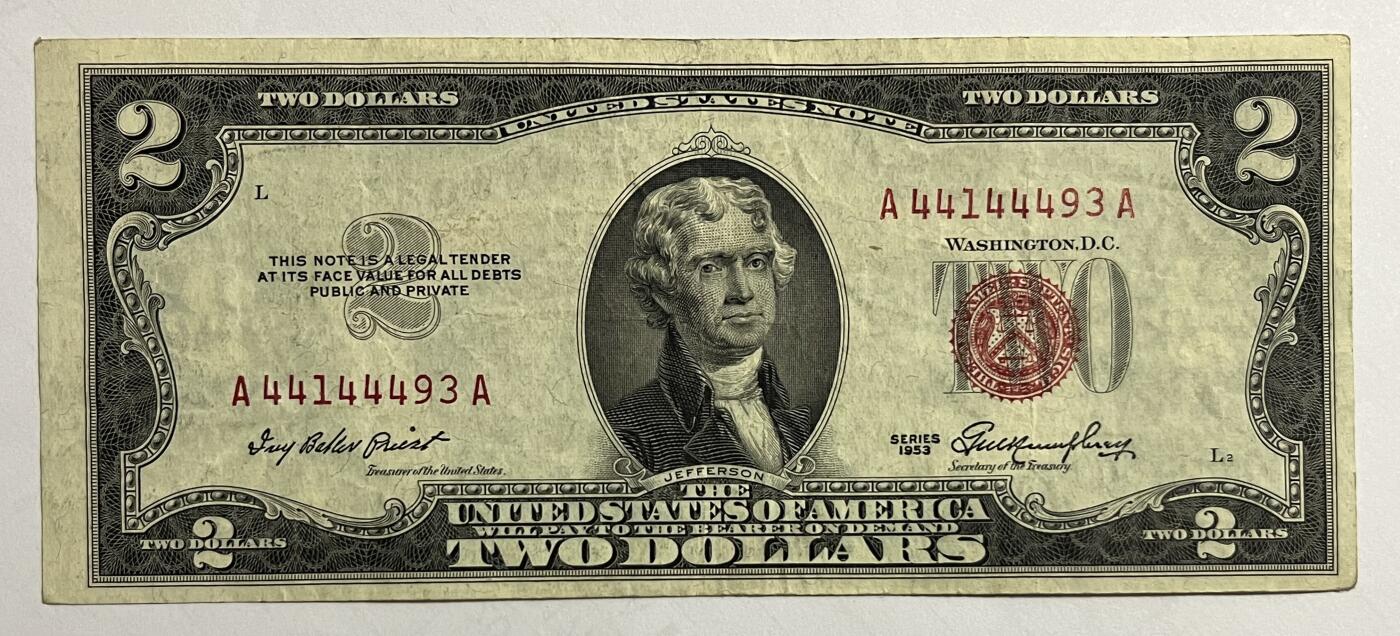 Chase Auction 第29期 - - 邮票、银币、外钞、民国钞和人民币混合场！（持续更新中） 【3】1953年 三个版别（1953、1953B、1953C）2美元 政府券 红色库印和号码 均为AA首发冠号