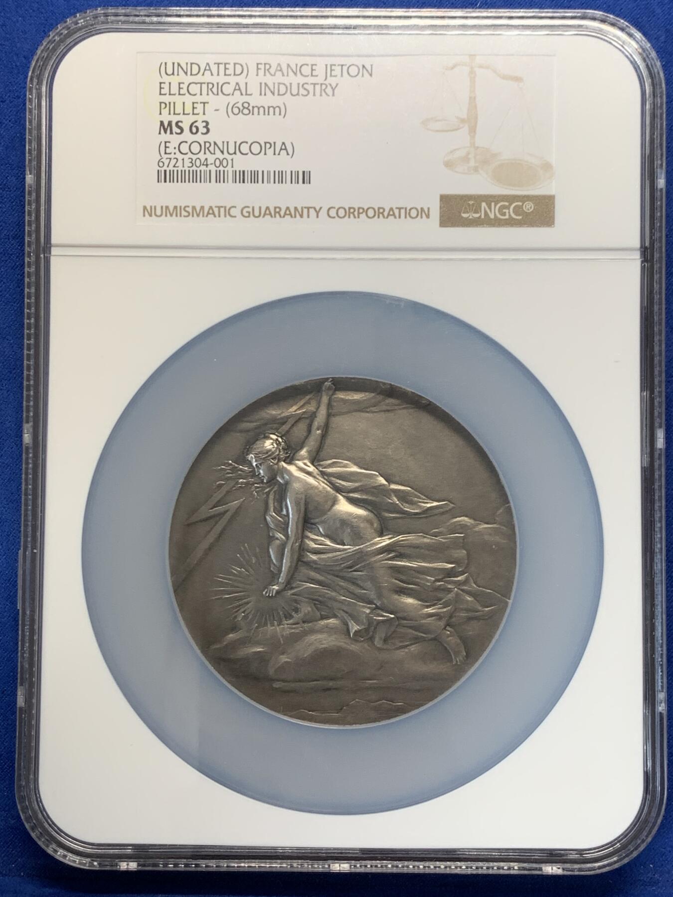 《竞宝斋》立夏专场特拍 （第2-1场）全场顺丰包邮 265场 NGC MS63 法国电力女神大银章，和法兰西银行百年、突尼斯开港都是68mm的精品大章，作者皮列是骑马鹰洋的雕刻师，法章名家。正面的裸身女神丰腴立体，背面是景观，一章两面都是精品。这个品种63高分罕见，章牌爱好者必冲。