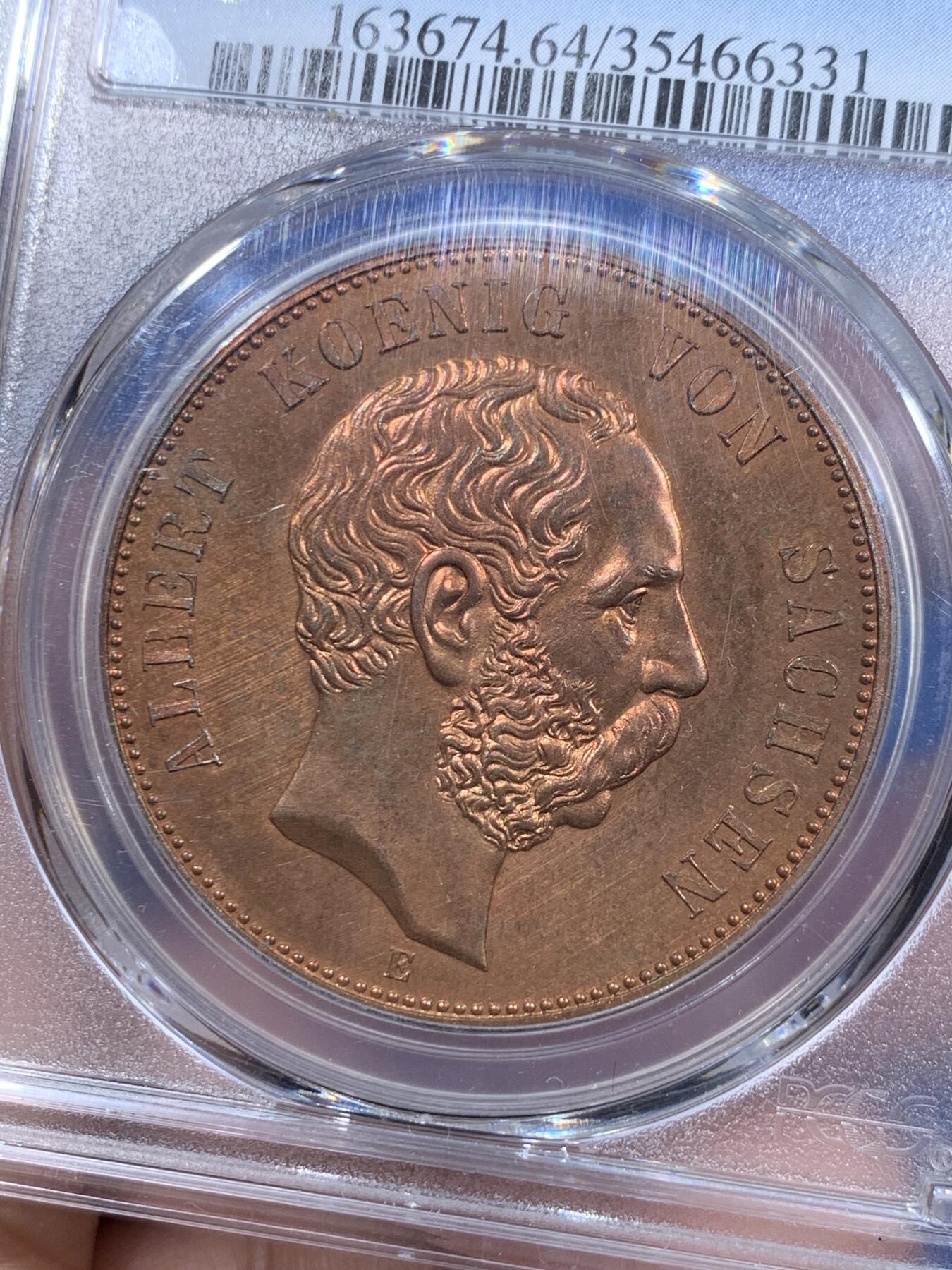 《竞宝斋》立夏专场特拍 （第2-1场）全场顺丰包邮 265场 PCGS MS64RD 德国萨克森1889年韦廷王朝800周年5马克铜币 最美马克 唯一RD 罕见全铜光