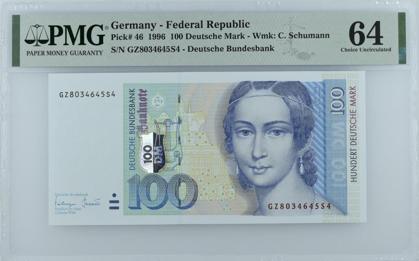 收藏联盟Quantum Auction 第343期拍卖  德国联邦1996年100马克 PMG64 钢琴家 克拉拉舒曼