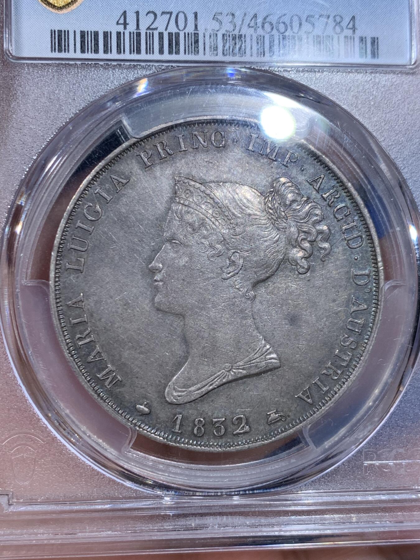 《竞宝斋》立夏专场特拍 （第2-1场）全场顺丰包邮 265场 PCGS AU53 意大利 1832年 帕尔马5里拉银币 骑字版 比1815版更加少见 热门品种