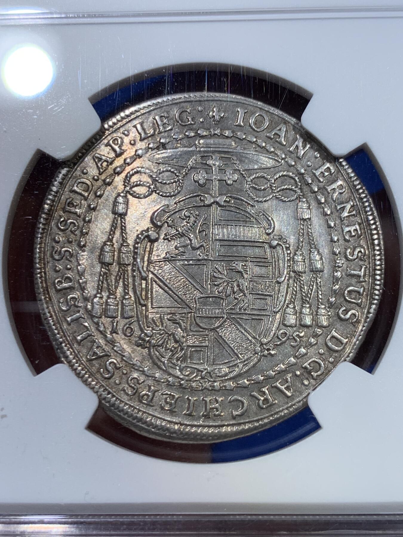 《竞宝斋》立夏专场特拍 （第2-1场）全场顺丰包邮 265场 冠军分 NGC MS63 神圣罗马帝国 萨尔茨堡半泰勒 1695/4骑字版冠军！均匀淡金色银光，极少版本，记录仅有两枚。AW拍卖纪录含佣金约8600RMB！