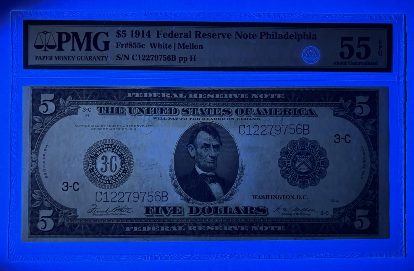 Chase Auction 第29期 - - 邮票、银币、外钞、民国钞和人民币混合场！（持续更新中） 1914年 5美元 大尺寸时代 联邦储备券 PMG严格评级 老壳55EPQ 费城分区（稀缺分区）号码无4