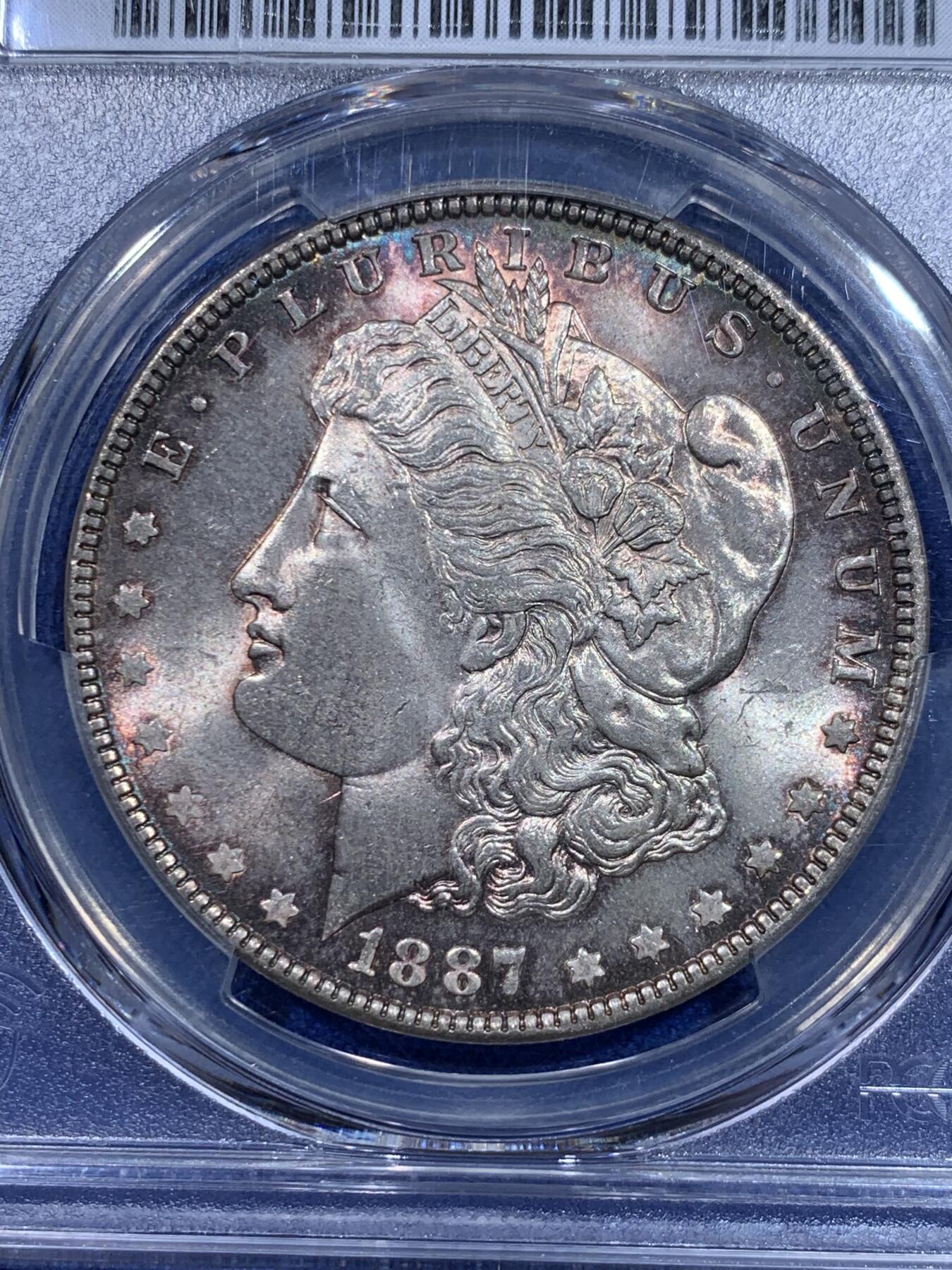 《竞宝斋》立夏专场特拍 （第2-1场）全场顺丰包邮 265场 PCGS MS65 美国1887年摩根银币 紫罗兰环彩 光度一流 好品较少的年份