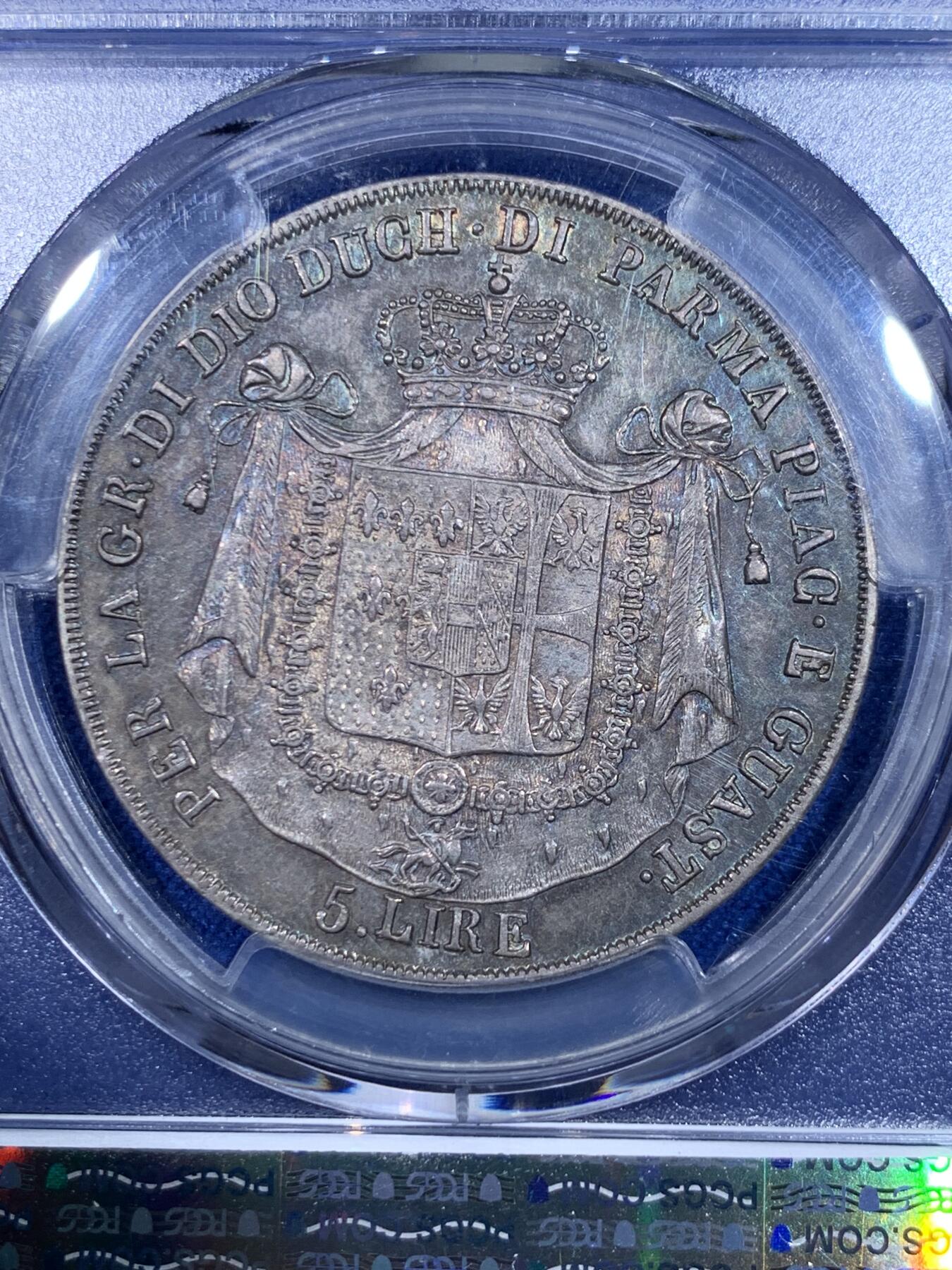 《竞宝斋》立夏专场特拍 （第2-1场）全场顺丰包邮 265场 PCGS AU53 意大利 1832年 帕尔马5里拉银币 骑字版 比1815版更加少见 热门品种