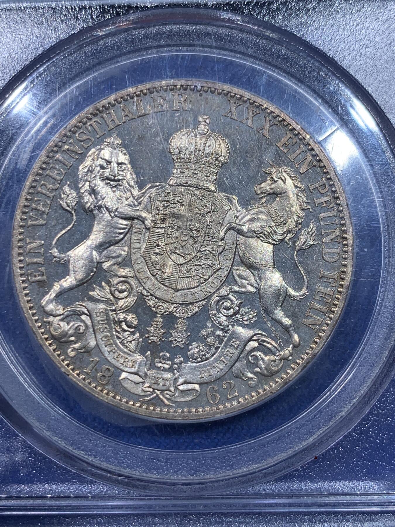 《竞宝斋》立夏专场特拍 （第2-1场）全场顺丰包邮 265场 唯一冠军分 PCGS PR65CAM 德国1862精制汉诺威狮马1泰勒银币 PCGS老盒 保存得非常好