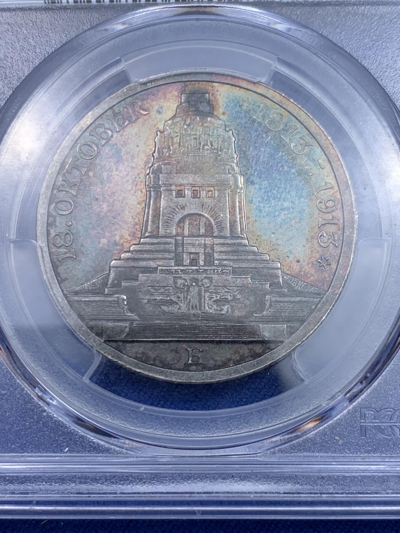 《竞宝斋》立夏专场特拍 （第2-1场）全场顺丰包邮 265场 PCGS PR63CAM 德国1913E萨克森建功碑3马克银币 评cameo的基本都是白币 重五彩加cameo太难得了