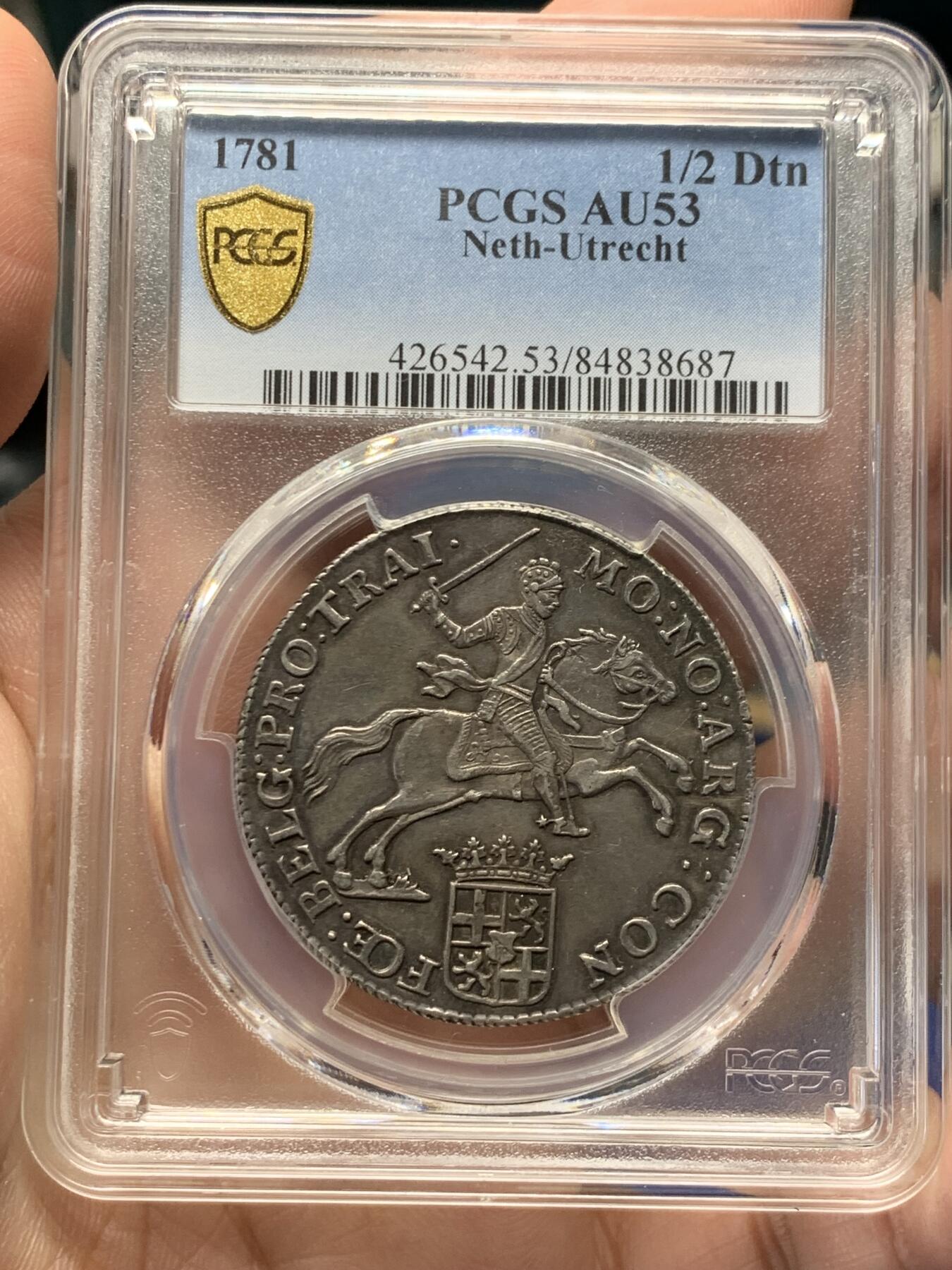 《竞宝斋》立夏专场特拍 （第2-1场）全场顺丰包邮 265场 PCGS AU53 荷兰乌特勒支1781年1/2杜卡特马剑银币 又叫银骑士 同年冠军分 过手马剑中品相最漂亮的一枚 小马剑的数量远远少于大马剑