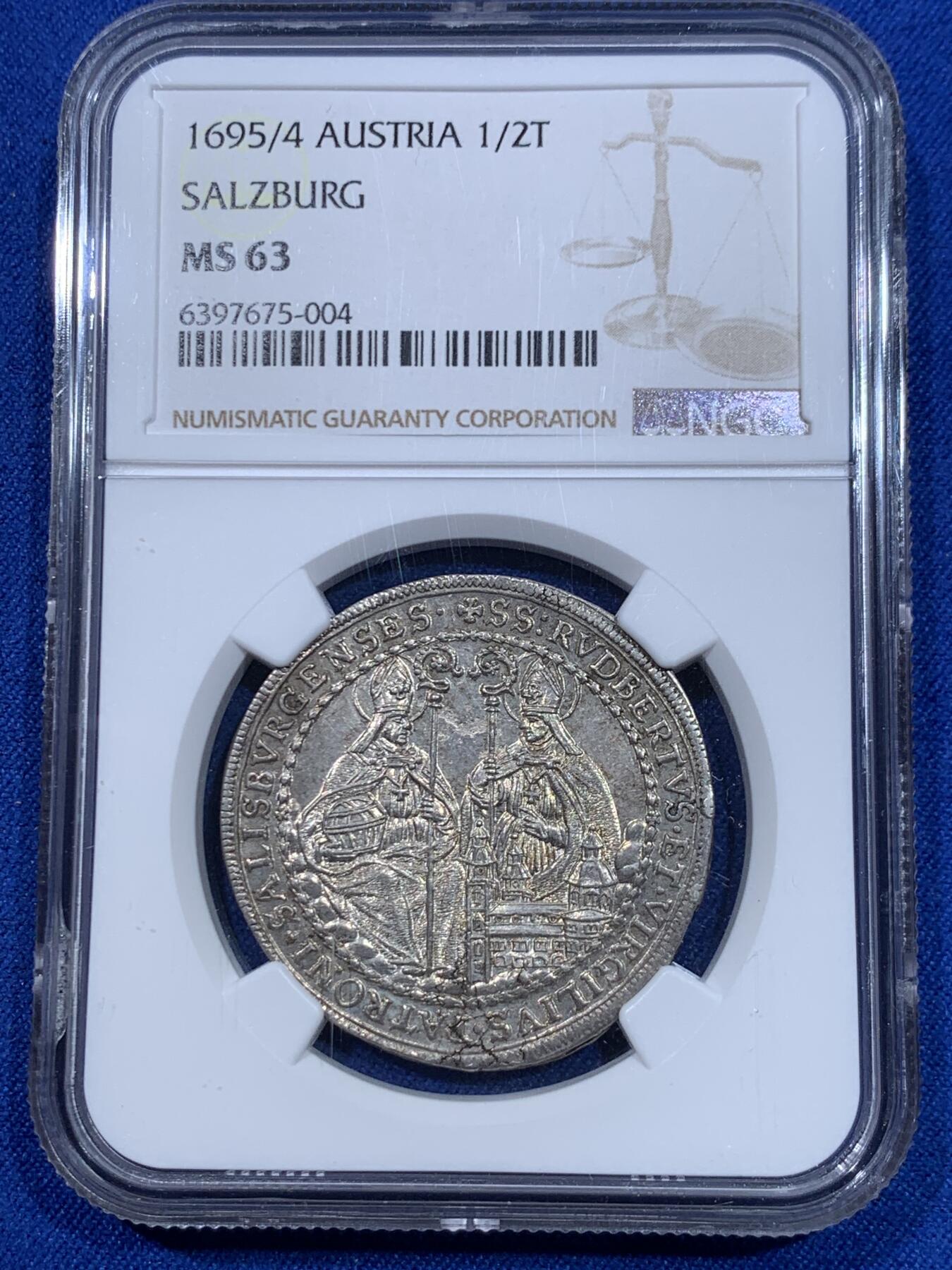 《竞宝斋》立夏专场特拍 （第2-1场）全场顺丰包邮 265场 冠军分 NGC MS63 神圣罗马帝国 萨尔茨堡半泰勒 1695/4骑字版冠军！均匀淡金色银光，极少版本，记录仅有两枚。AW拍卖纪录含佣金约8600RMB！