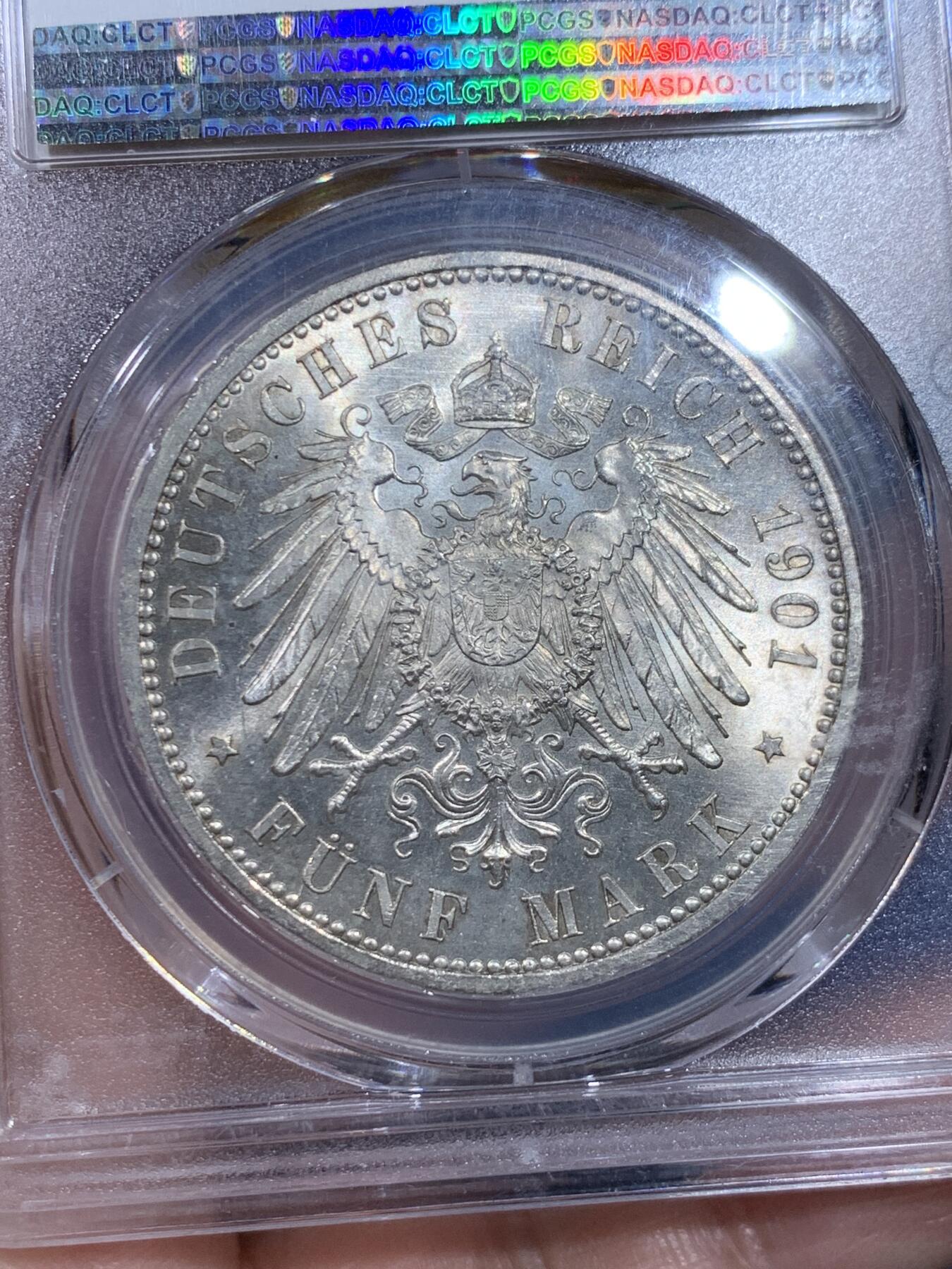 《竞宝斋》立夏专场特拍 （第2-1场）全场顺丰包邮 265场 PCGS MS65 德国1901普鲁士5马克银币 美丽宝石光泽 比64分上了一个台阶