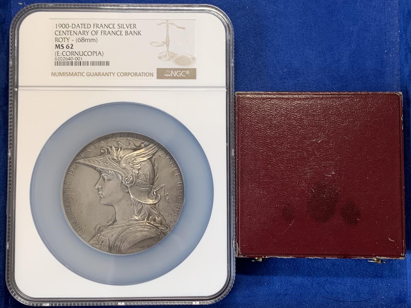 《竞宝斋》立夏专场特拍 （第2-1场）全场顺丰包邮 265场 NGC MS62 法国1900戒装玛丽安娜银章 法兰西百年银行 大盒封装 68mm 带原盒