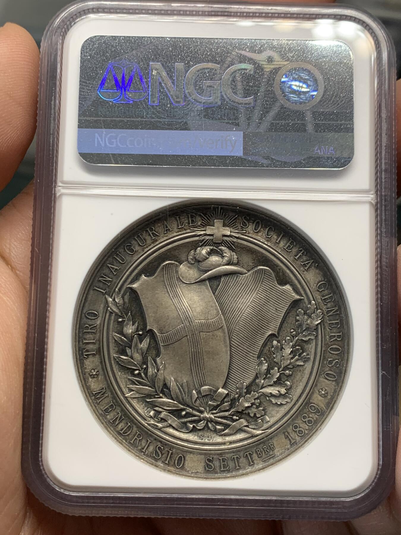 《竞宝斋》立夏专场特拍 （第2-1场）全场顺丰包邮 265场 NGC MS63 瑞士1889年提契诺州射击节大银章 罕见品种 热门系列 人物高点俱在 藏家多年藏品出品 最近64分的1080美元成交