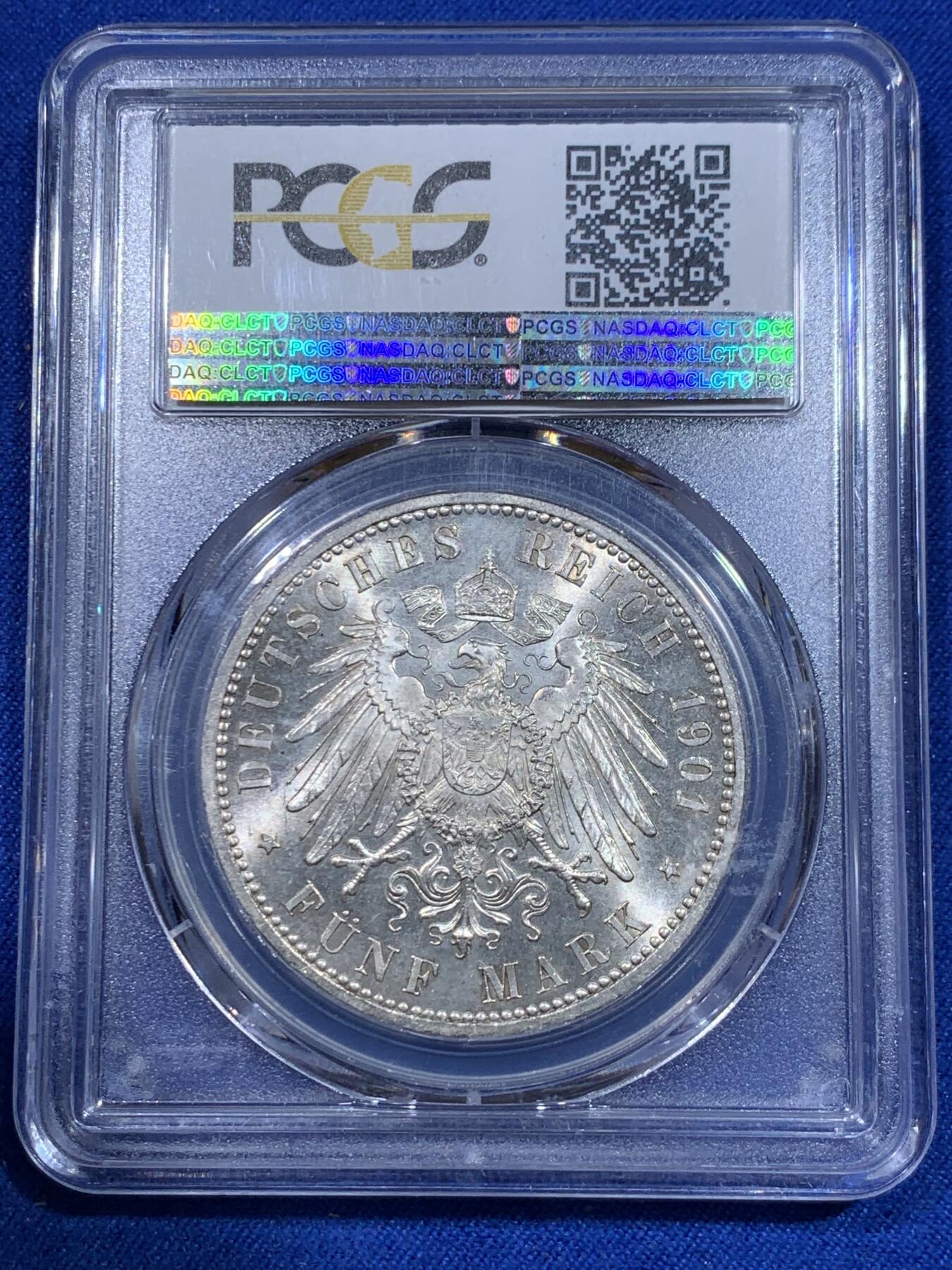 《竞宝斋》立夏专场特拍 （第2-1场）全场顺丰包邮 265场 PCGS MS65 德国1901普鲁士5马克银币 美丽宝石光泽 比64分上了一个台阶