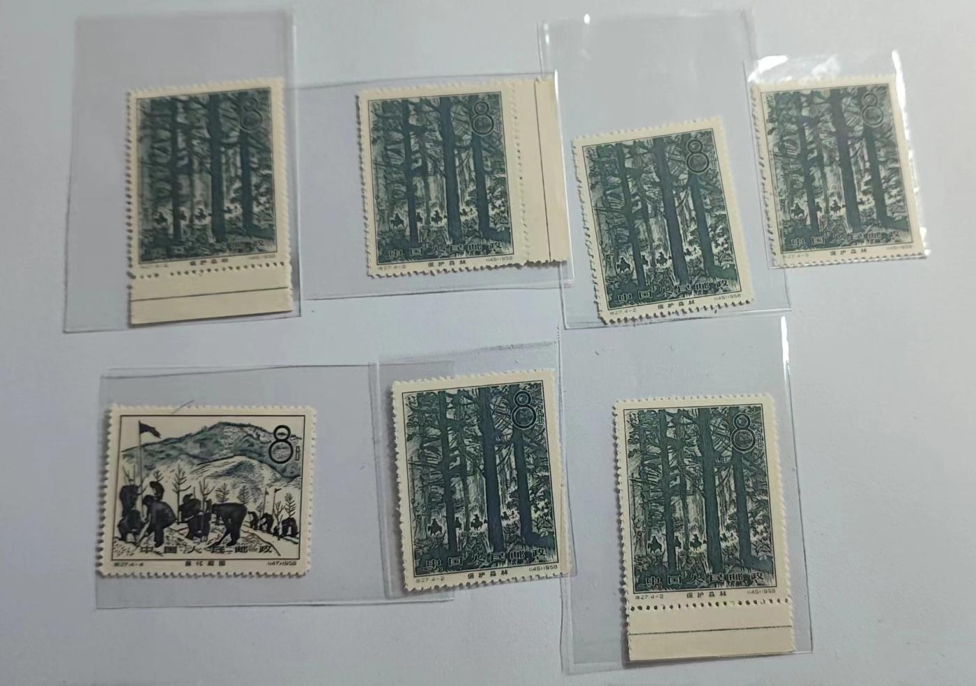 Chase Auction 第29期 - - 邮票、银币、外钞、民国钞和人民币混合场！（持续更新中） 特27林业4 -2★新★6枚，版撕全品1958年发行经典热门 草纸票，全品存世量少。可单 玩可配套，非常有收藏价值，部分背后有小污点。 加上全新特27林业4-4全新一张，一共七张，都是全新邮票