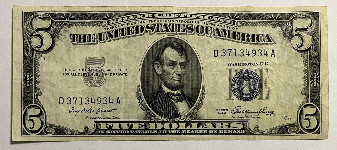 Chase Auction 第29期 - - 邮票、银币、外钞、民国钞和人民币混合场！（持续更新中） 1953年 正版 5美元 银币券 D区首发A冠