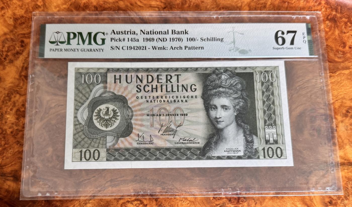 Chase Auction 第29期 - - 邮票、银币、外钞、民国钞和人民币混合场！（持续更新中） 1969年奥地利100先令，PMG67！