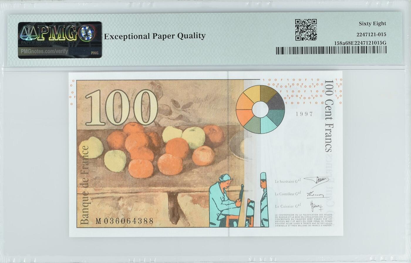 收藏联盟Quantum Auction 第343期拍卖  法国1997-98年100法郎 PMG68 画家塞尚