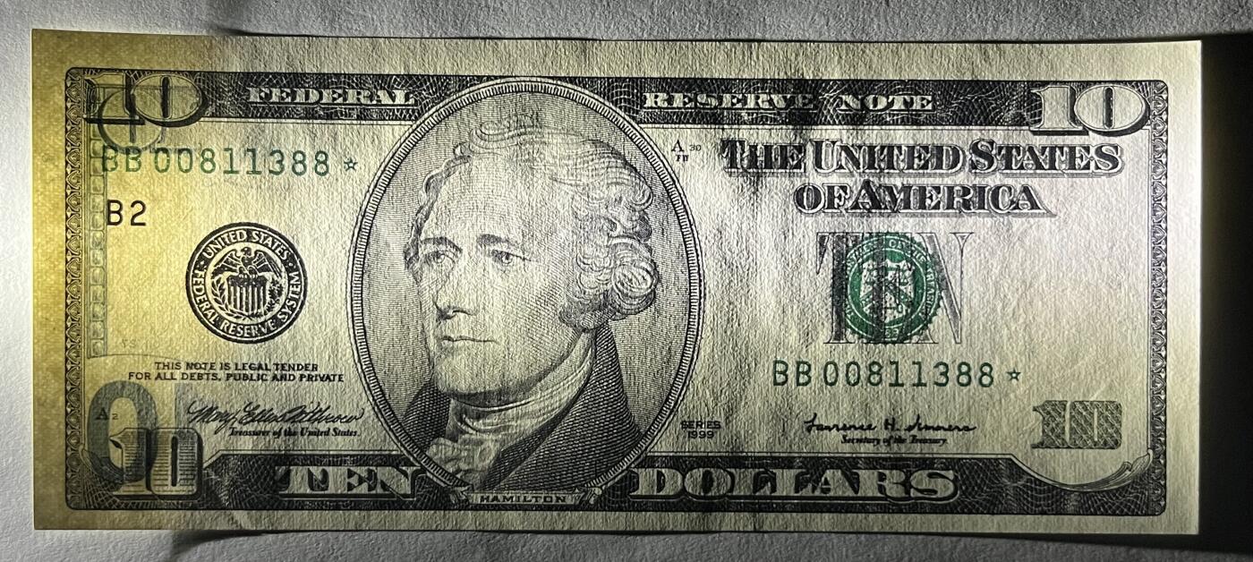 Chase Auction 第29期 - - 邮票、银币、外钞、民国钞和人民币混合场！（持续更新中） 1999年（稀缺年份）大头版 10美元 联邦储备券 两张 双⭐补号 号码不错