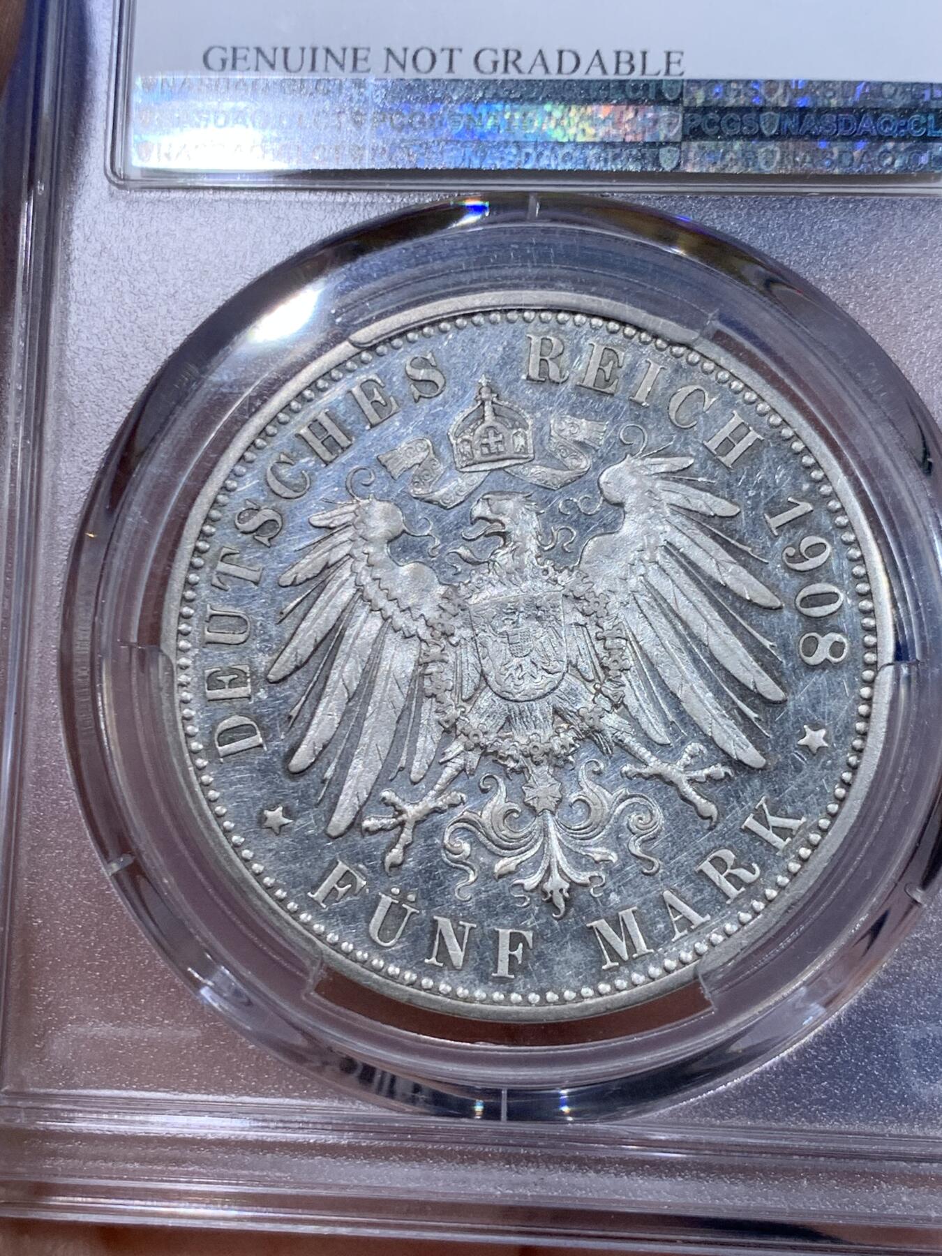 《竞宝斋》立夏专场特拍 （第2-1场）全场顺丰包邮 265场 PCGS PR 德国1908F符腾堡精制5马克银币 镜面效果还行 流通5马克精制十分稀少 这枚也就几百枚的量 sbp62分成交1140刀