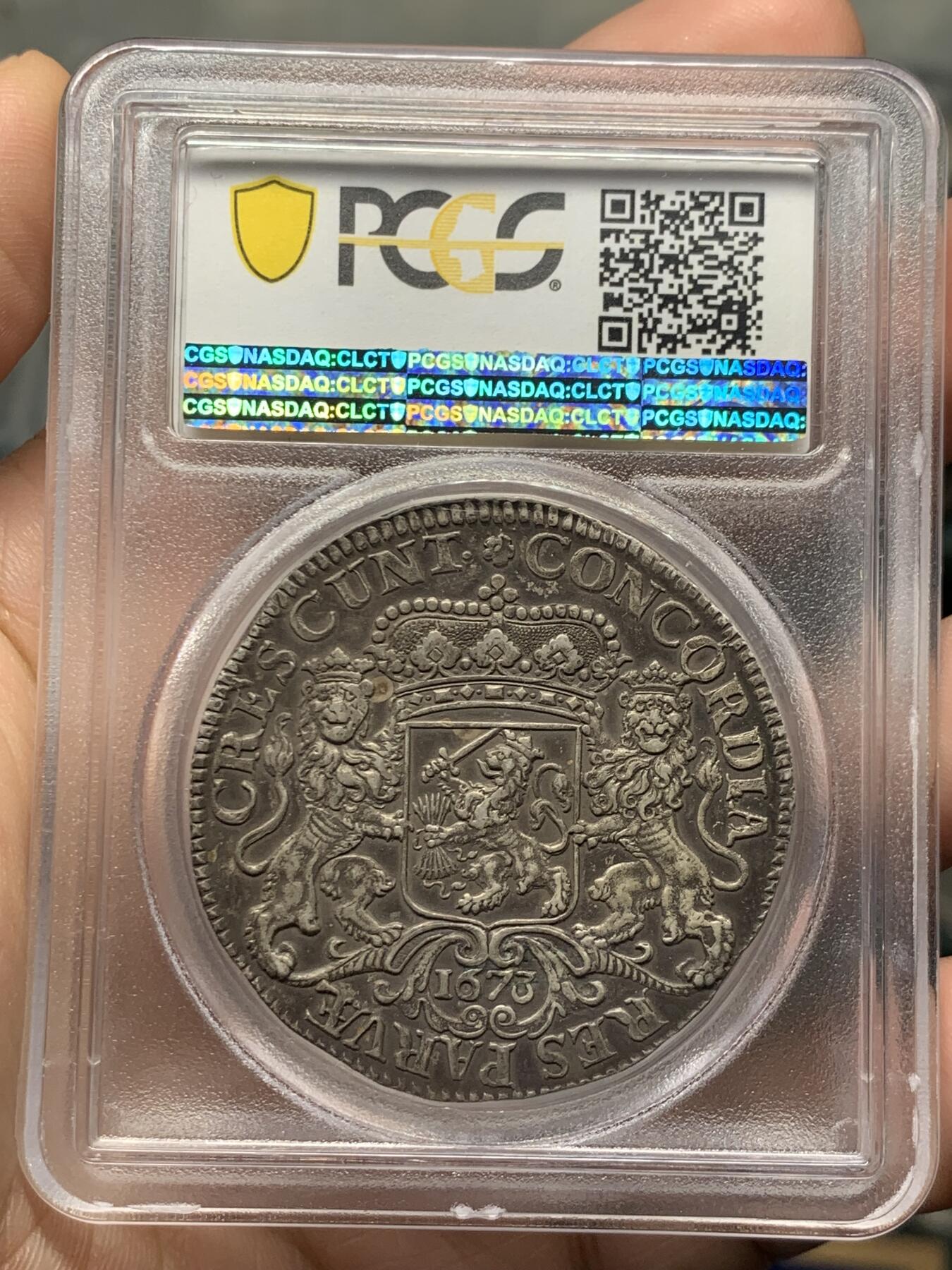 《竞宝斋》立夏专场特拍 （第2-1场）全场顺丰包邮 265场 唯一冠军分 PCGS AU55 荷兰 1673 荷兰省 加重版杜卡特 马剑大银币 65克重量是普通的大马剑的2倍 原味包浆 稀缺品种