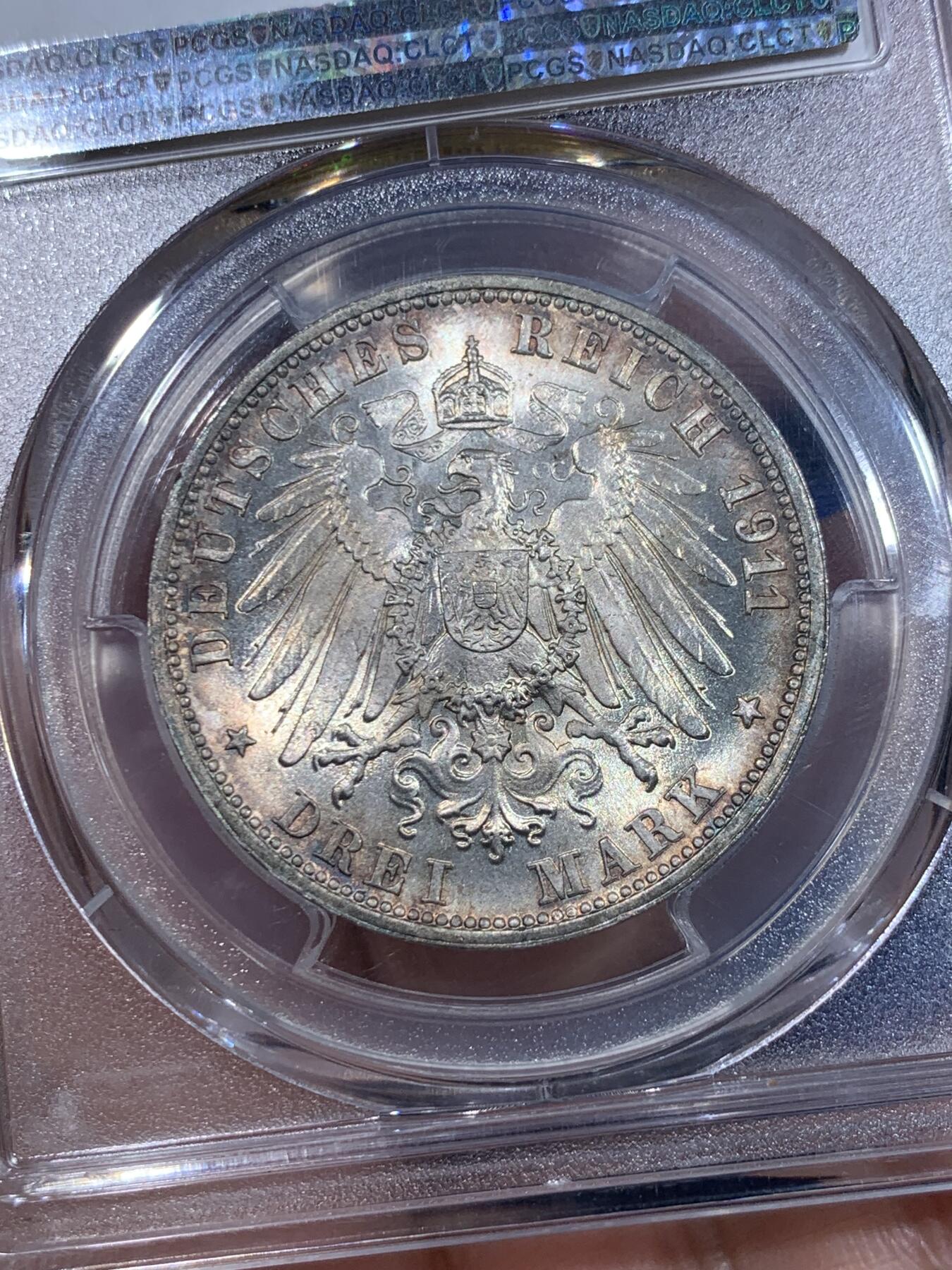 《竞宝斋》立夏专场特拍 （第2-1场）全场顺丰包邮 265场 PCGS MS67 德国1911年符腾堡金婚3马克银币 顶级五彩包浆