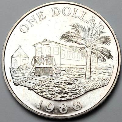 布加迪🐬～世界钱币🌾第 122 期 /  德国🇩🇪银币英联邦🇬🇧克朗币以及各国散币 - 百慕大群岛 1988年 1元克朗币 火车铁路图案