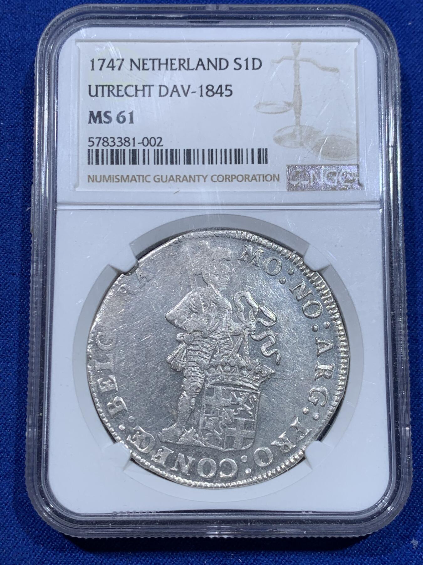 《竞宝斋》立夏专场特拍 （第2-1场）全场顺丰包邮 265场 NGC MS61 尼德兰1747年乌德勒支地区 站人武士1杜卡特大银币 两面人像清晰 略有低评 NGC唯一冠军分