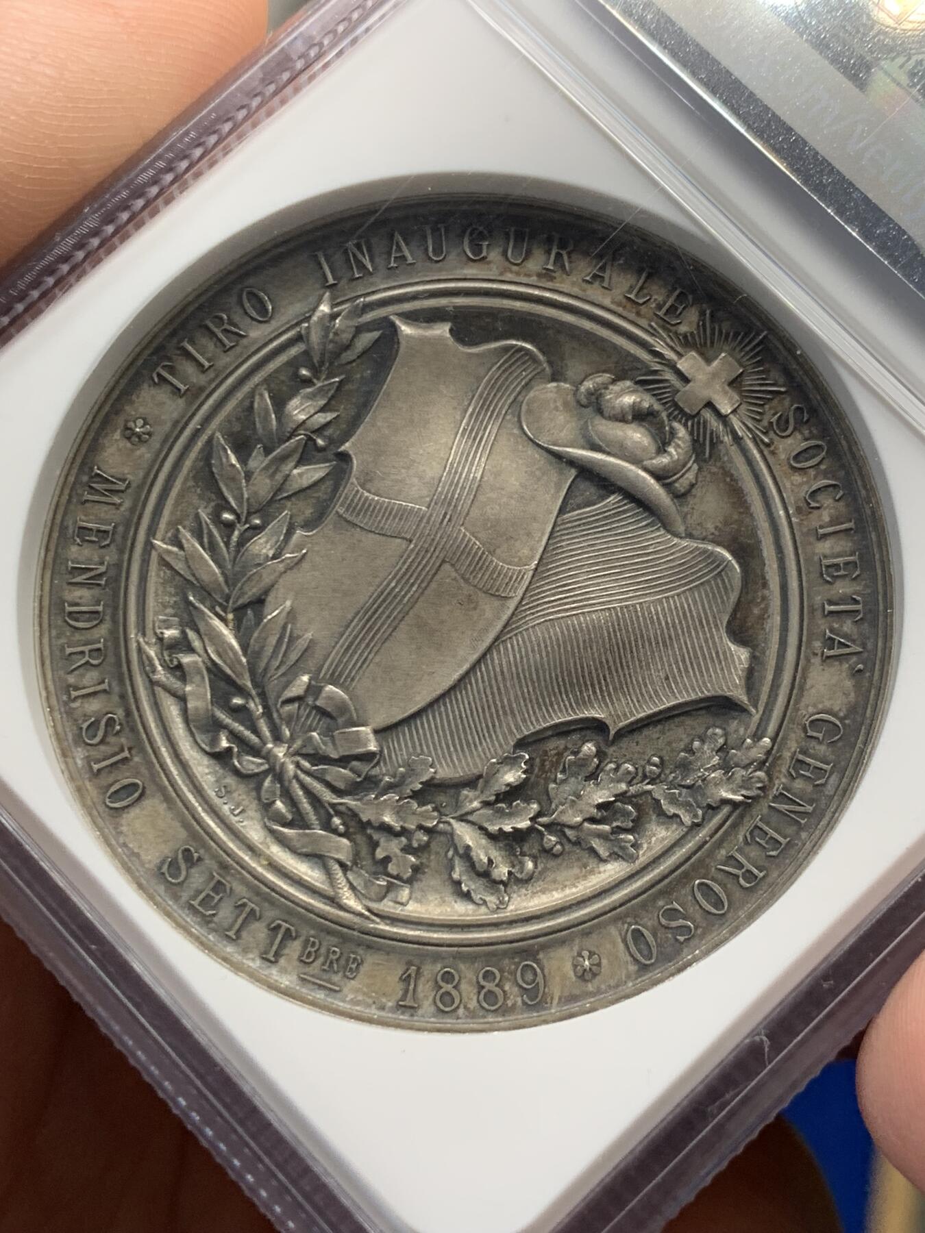 《竞宝斋》立夏专场特拍 （第2-1场）全场顺丰包邮 265场 NGC MS63 瑞士1889年提契诺州射击节大银章 罕见品种 热门系列 人物高点俱在 藏家多年藏品出品 最近64分的1080美元成交