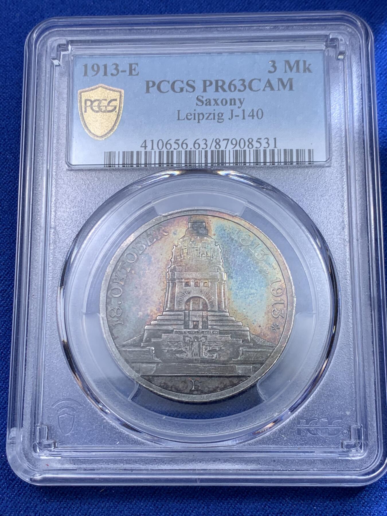 《竞宝斋》立夏专场特拍 （第2-1场）全场顺丰包邮 265场 PCGS PR63CAM 德国1913E萨克森建功碑3马克银币 评cameo的基本都是白币 重五彩加cameo太难得了